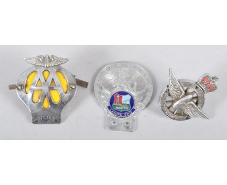 Three vintage chrome and enamel car badges, comprising: The Civil Service Motoring Association, the Automobile Association an
