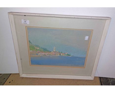 M. Eastman: a painted wood framed gouache depicting an Italian lakeland scene - signed with indistinct first name, dated 1956