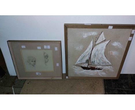 A framed pencil portrait study of two young girl's heads - sold with a small oil on canvas depicting a naively painted sailin