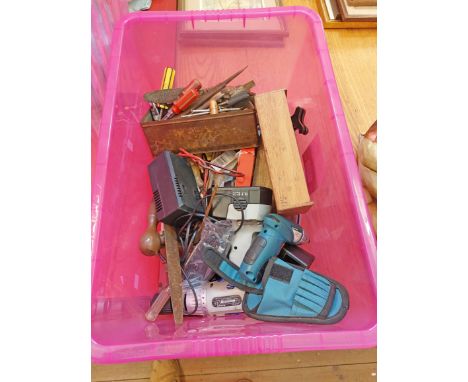A crate containing a quantity of tools including cordless drill (a/f), screwdrivers, files, etc.