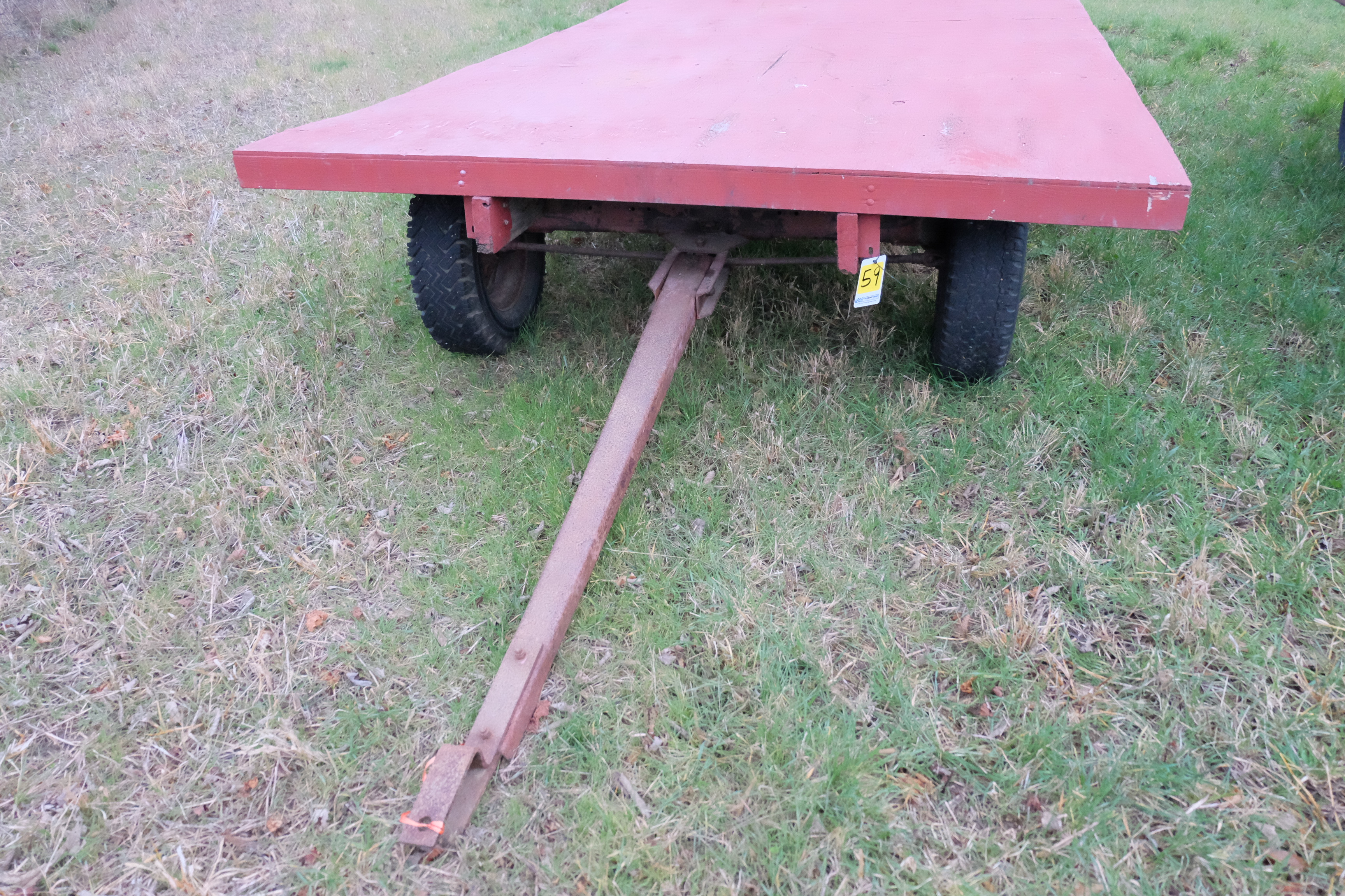 Flat bed hay wagon with running gear, rear rack