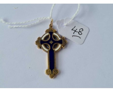 Victorian 18ct gold (tested)  blue &amp; white enamel Celtic cross pendant 2.8g inc