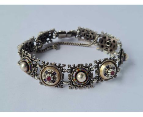 19thc silver enamel &amp; garnet set bracelet with cherub clasp 31.6g inc