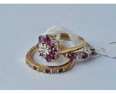 Three vintage ruby and diamond gold rings 5.9g inc