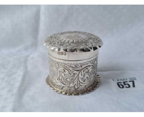 A circular late Victorian jar and cover embossed with scrolls - 2.25"" wide - London 1899 by C &amp; M - 67 g.