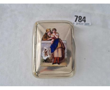An unusual tobacco box (metal) with enamel panel (chipped), 3" wide