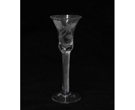 18th century Jacobite wine glass with engraved rose head and star, air twist stem and conical footrim, 16cm