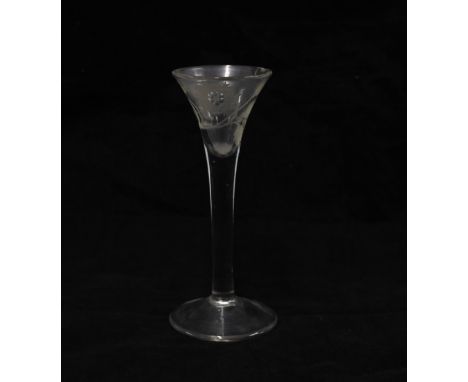 18th century Jacobite wine glass, engraved with rose head and buds, plain stem and conical footrim, 16cm (chip to top rim)