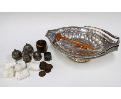 Epns swing handled basket, 32 x 12cm together with some silver plated casters, a wooden gavel and treen pot, and a collection
