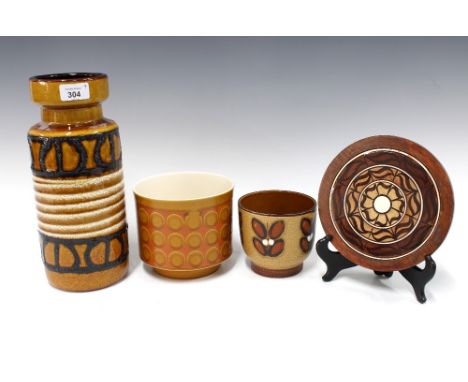 Retro West German pottery vase, 30cm, together with a Hornsea planter and another and a Jersey Pottery pot stand, (4)