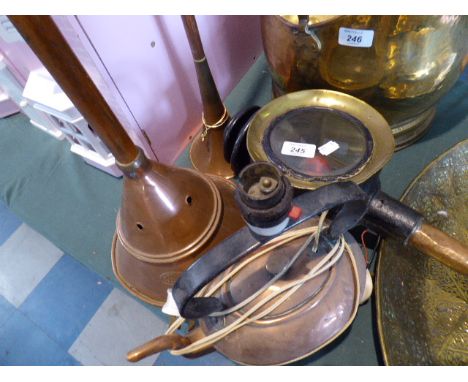 A Copper Simplex Posser, Victorian Trap Lamp, and Copper Kettle Converted to Lamp 