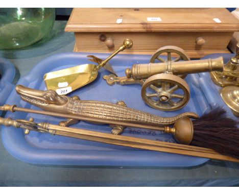 A Brass Model of a Cannon, Crocodile Nutcracker, Fire Irons etc
