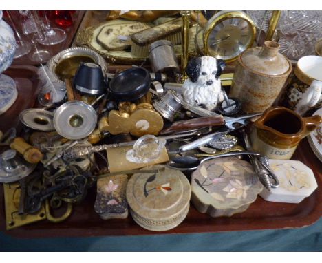 A Tray of Sundries to Include Inlaid Stoneware Trinket Boxes, Cutlery, Keys, Wine Saver Corks etc