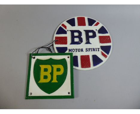 Two Reproduction Cast Metal BP Motor Spirit Signs, Plus VAT 