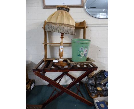 A Folding Suitcase Stand, Wooden Table Lamp, Wall Shelf etc