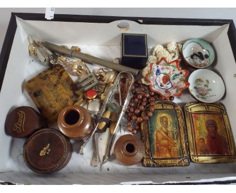 A Box of Curios to Include Russian Icons, Miniature Silver Plate Tea Service, Ornaments, Stud Box, Jewellery etc  