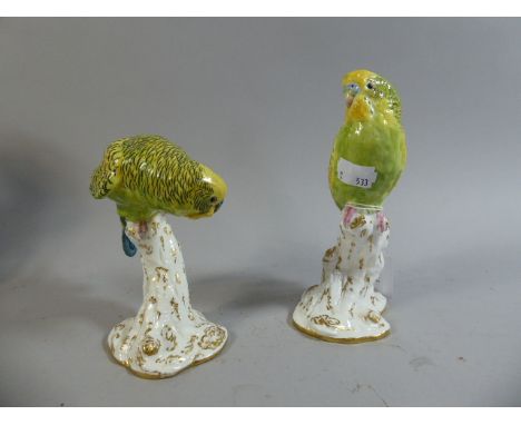 Two Royal Worcester Budgerigar Birds, Both with Tail AF