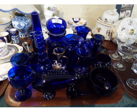 A Collection of Cobalt Blue Glassware to Include, Vases, Fish and Bird Ornaments, Candle Stick, Bowls Etc