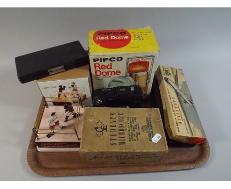 A Tray of Sundries to Include Torch Camera, Drawing Instrument, Camera, Vintage Cased Microscope