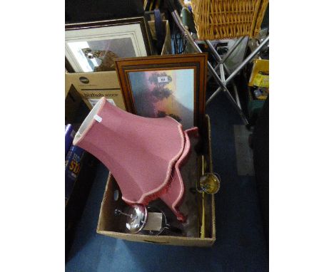 A Box Containing Framed Print, Two Table Lamp Shades, Brass Picture Light, Coffee Pot etc