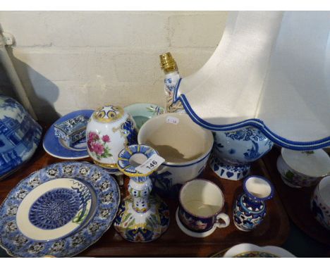 A Collection of Various China to Include Blue and White Table Lamp, Dutch Blue and White Bowl, French Faience Candle Stick et