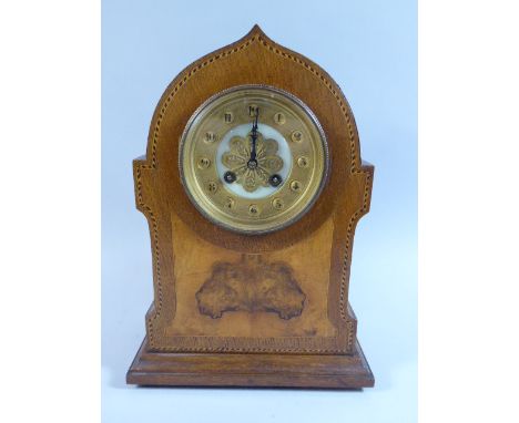 A Late Victorian Walnut and Oak String Inlaid Mantle Clock with Replacement Battery Movement, 31cm high  