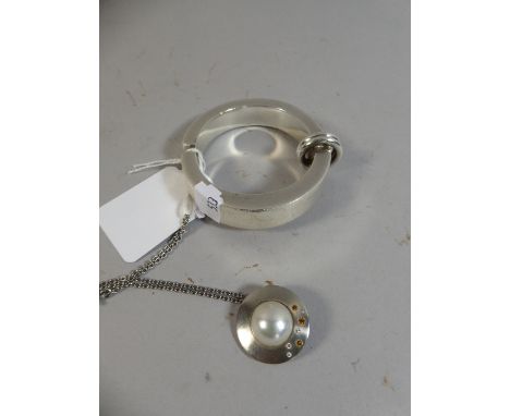 A Silver Ladies Bangle and Jewelled Silver Pendant on Chain 