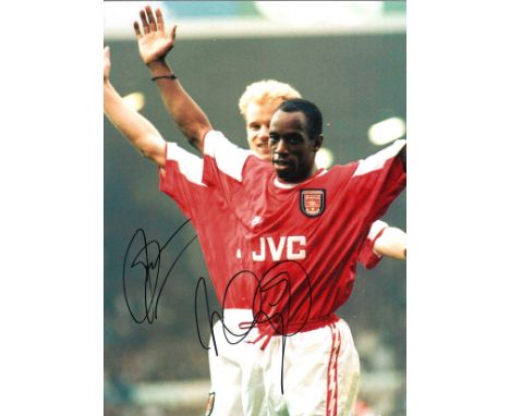 Dennis Bergkamp and Ian Wright. Arsenal Signed 16 x 12 inch football photo. Good Condition. All autographs are genuine hand s