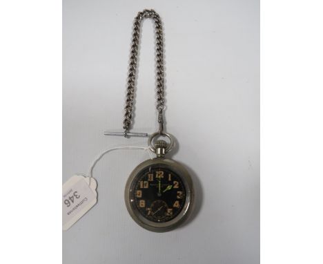 A VINTAGE CARLEY AND CLEMENCE LTD A.1297 MILITARY BLACK DIAL OPEN FACED MANUAL WIND POCKET WATCH WITH SILVER PLATED ALBERT CH