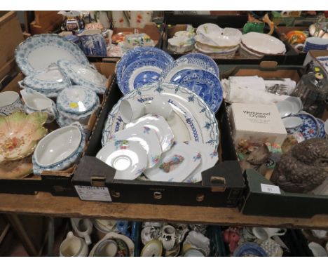 THREE TRAYS OF ASSORTED CERAMICS ETC TO INCLUDE A POOLE POTTERY OWL , CERAMIC MEAT PLATE ETC
