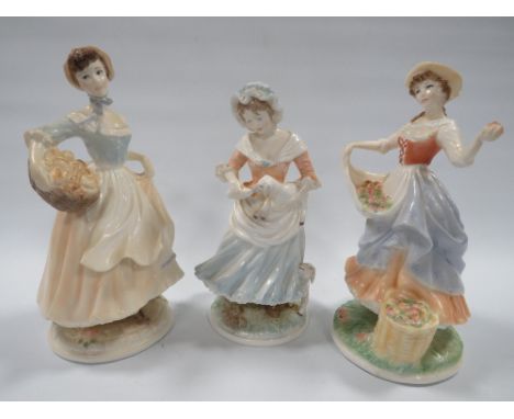 THREE ROYAL WORCESTER LIMITED EDITION FIGURINES CONSISTING OF THE SHEPHERDESS BAKERS WIFE WITH CERTIFICATE AND FRUIT PICKING 