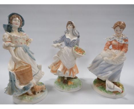 THREE ROYAL WORCESTER LIMITED EDITION OLD COUNTRY WAYS FIGURINES CONSISTING OF A FARMERS WIFE, ROSIE PICKING APPLES AND THE M