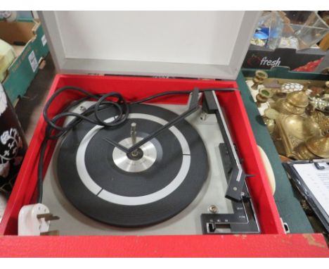 A VINTAGE FIDELITY PORTABLE RECORD PLAYER AND RECORDS
