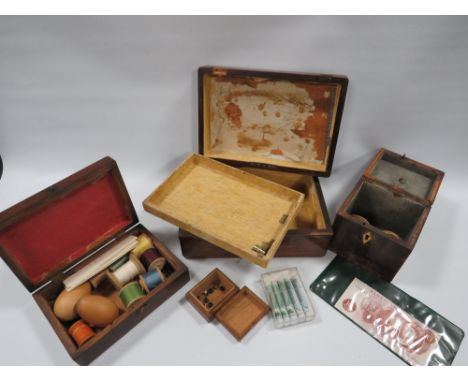 THREE WOODEN BOXES TO INCLUDE A TUNBRIDGE WARE TEA CADDY TOGETHER WITH A SMALL QUANTITY OF COINS AND BANK NOTES&nbsp;&nbsp;