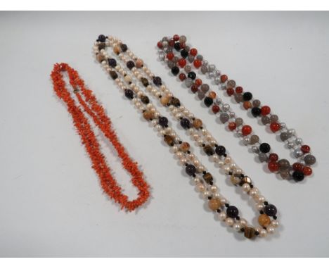 TWO VINTAGE PEARL AND HARDSTONE NECKLACES &amp; A RED STICK CORAL EXAMPLE