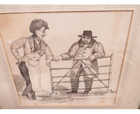 A 19TH CENTURY SEPIA WATERCOLOUR OF TWO FIGURES CONVERSING AT A GATE, 24.5 X 27 CM