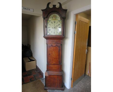 AN ANTIQUE OAK AND MAHOGANY EIGHT DAY LONGCASE CLOCK - NO WEIGHTS A/F