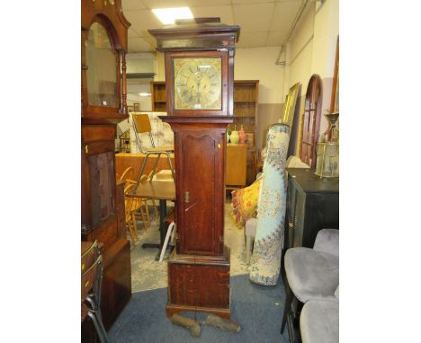 AN ANTIQUE OAK CASED BRASS FACED LONGCASE CLOCK BY MATTHEW BURNETT - TWO WEIGHTS, PENDULUM, FACE 12", H 201 cm A/F