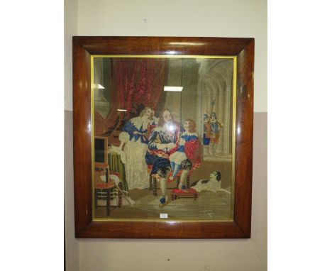 A LARGE VINTAGE ROSEWOOD FRAMED TAPESTRY DEPICTING REGAL FIGURES 100 x 89 cm