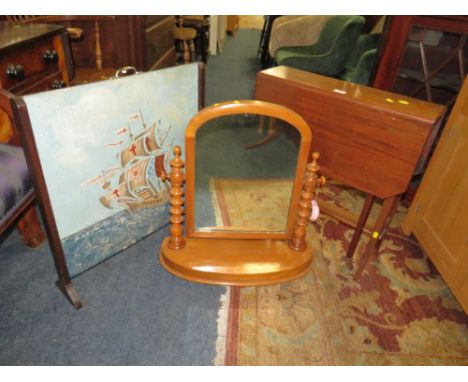 AN EDWARDIAN MAHOGANY SUTHERLAND TABLE, DRESSING MIRROR AND FIRESCREEN (3)