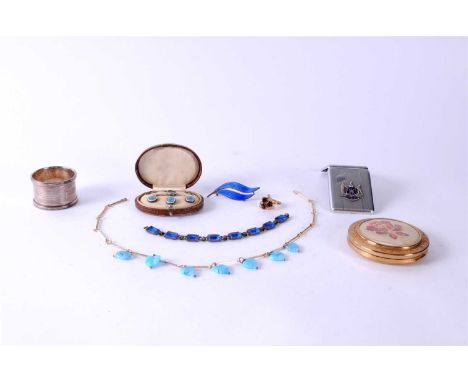 A collection of costume jewellery, to include; a Norwegian silver and blue enamel leaf brooch, a cased set of blue and white 