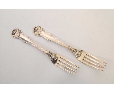 A pair of Paul Storr Kings Husk pattern silver table forks, London 1819, with engraved armorial to the terminal, 21cm long, t