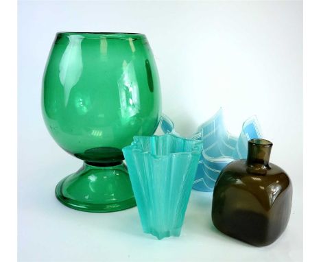 A selection of coloured and clear glassware including a large 1950s green glass brandy balloon, 33cm high; a Tudor Crystal va