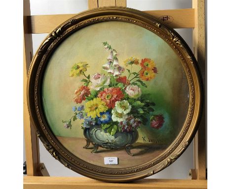 K Jansen, British 19th century, Flowers, oil, 42cm diameter