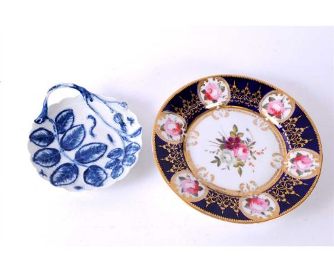 An 18th century Worcester blue and white leaf form dish with single handle together with a Chamberlains Worcester plate paint