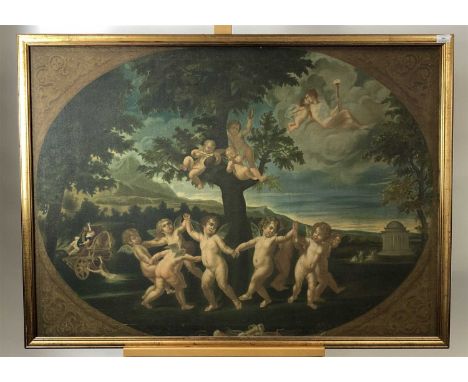 20th century print on canvas of cherubs dancing under a tree, 82 x 113cm