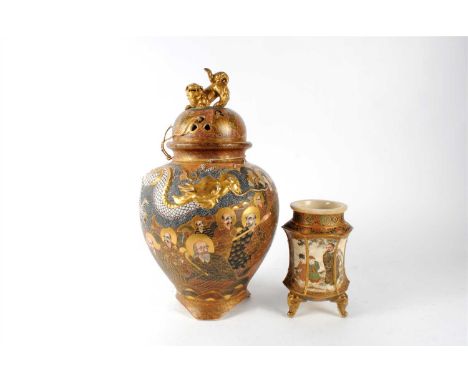 A Japanese Satsuma ware vase and cover and a footed spill vase. A Japanese Satsuma ware vase and cover, the vase of tapering 