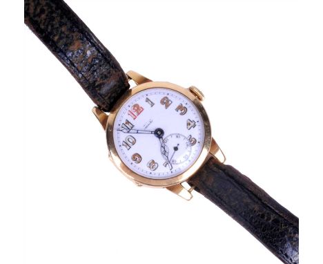 Gentlemans 18ct gold wristwatch with radium arabic numerals applied to a white enamel dial, sub-seconds at 6, with minute tra