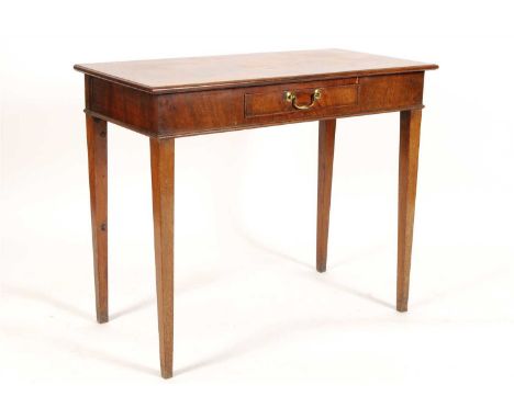 A 19th century mahogany veneered side table, the bevelled top with paired flamed mahogany veneers above a single central frie