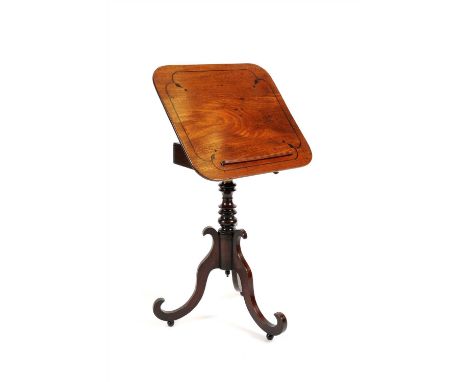 A 19th century mahogany tilt top reading table, with a swivelling squared top with rounded corners decorated with pointed str